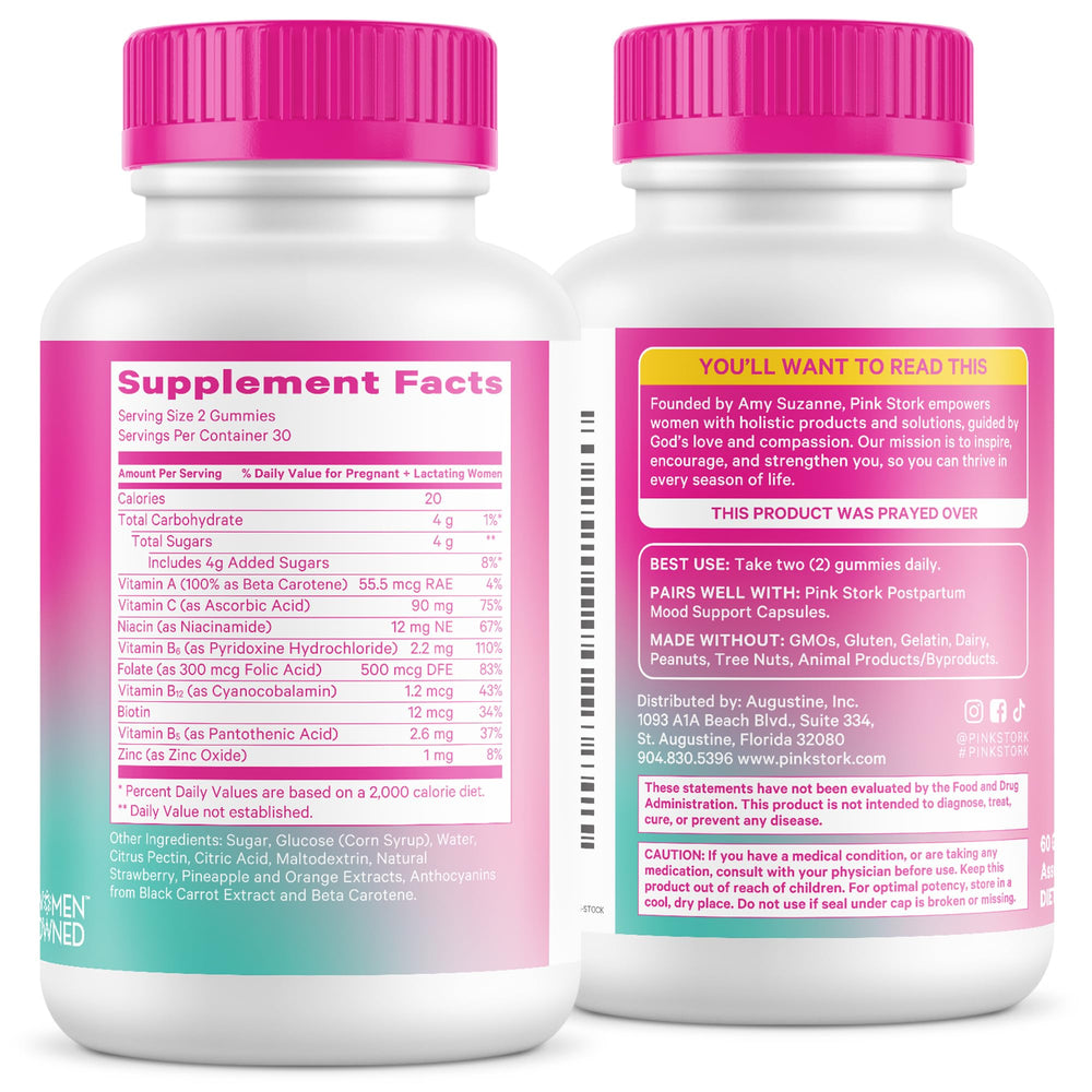 Pink Stork Total Postnatal Gummies on a shelf signaling trusted postpartum wellness brand.