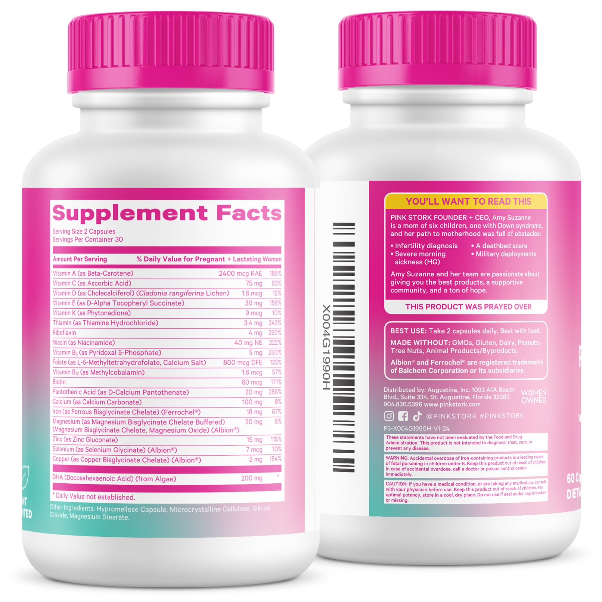 Pink Stork Total Postnatal packaging and bottle design emphasizes usability and care