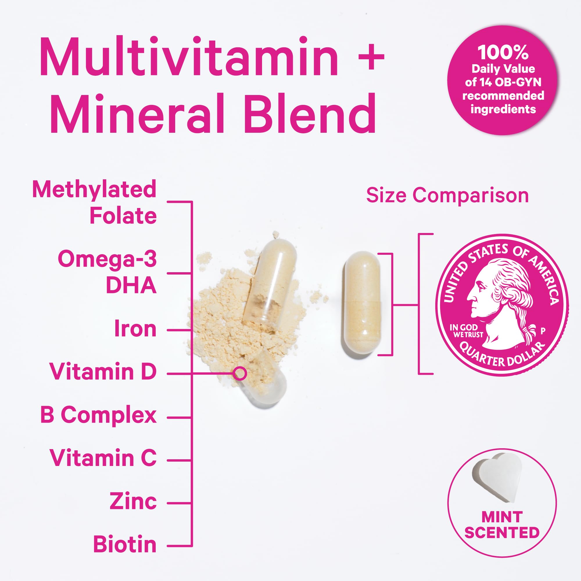 Close-up of Pink Stork prenatal capsules emphasizing gentle-on-stomach formula.