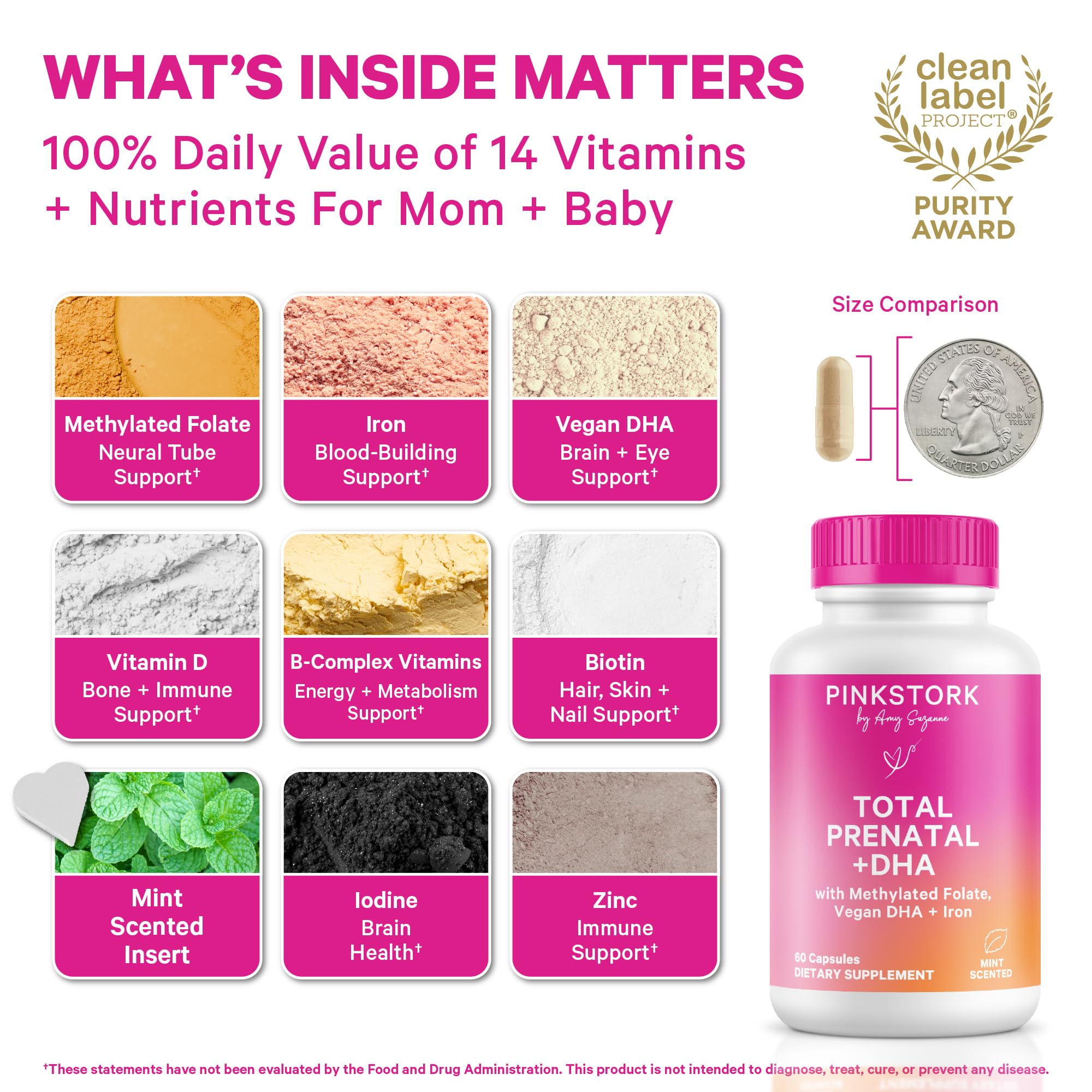 Close-up of Pink Stork Total Prenatal bottle cap and seal
