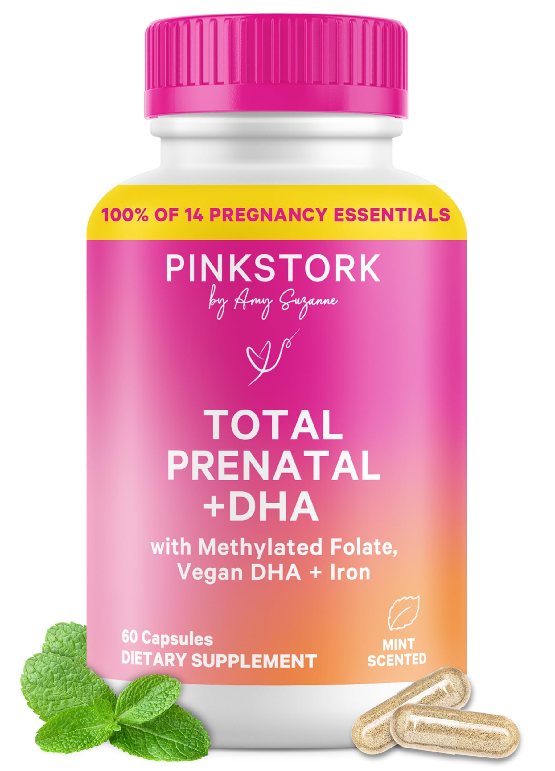 Pink Stork Total Prenatal DHA bottle with capsules for daily nourishment