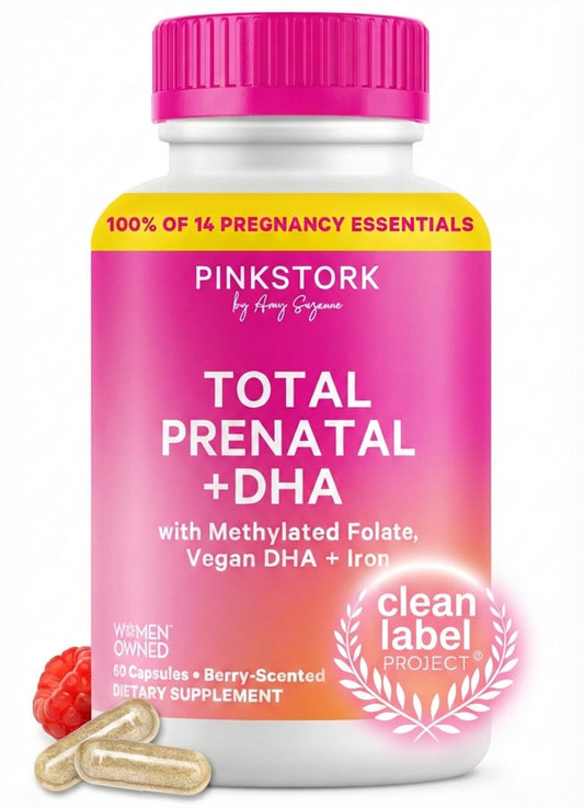 Pink Stork Total Prenatal DHA bottle for convenient daily prenatal support.