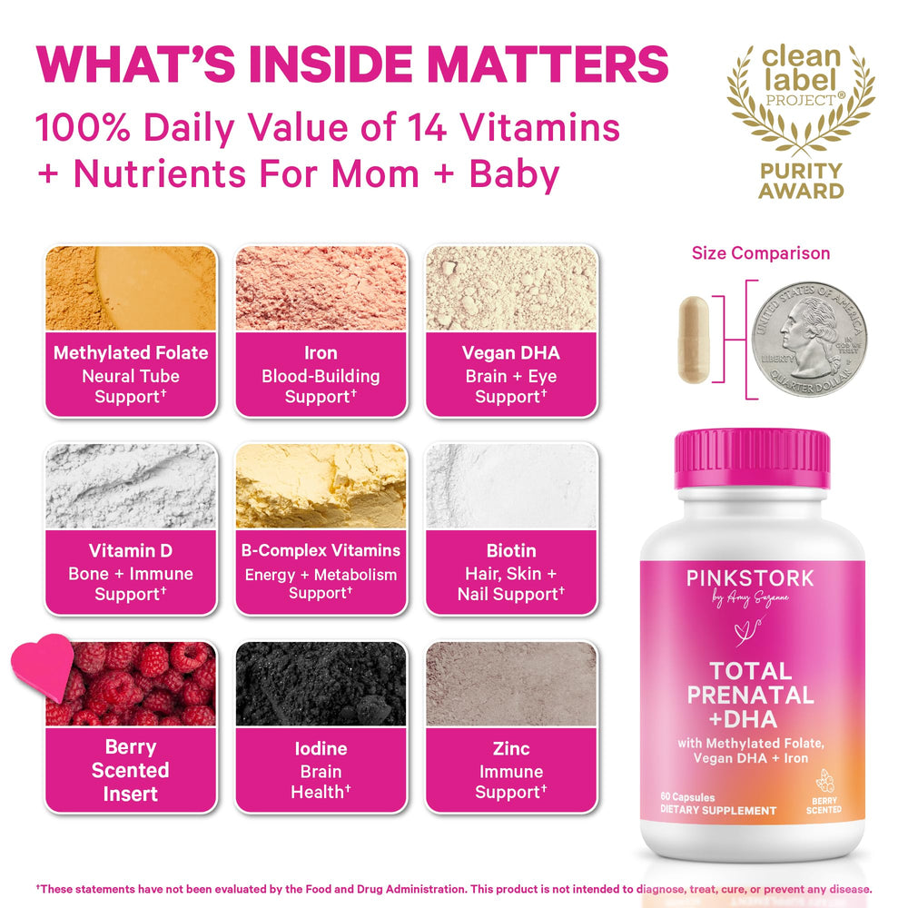 Pink Stork Total Prenatal DHA capsules for easy daily intake during pregnancy.
