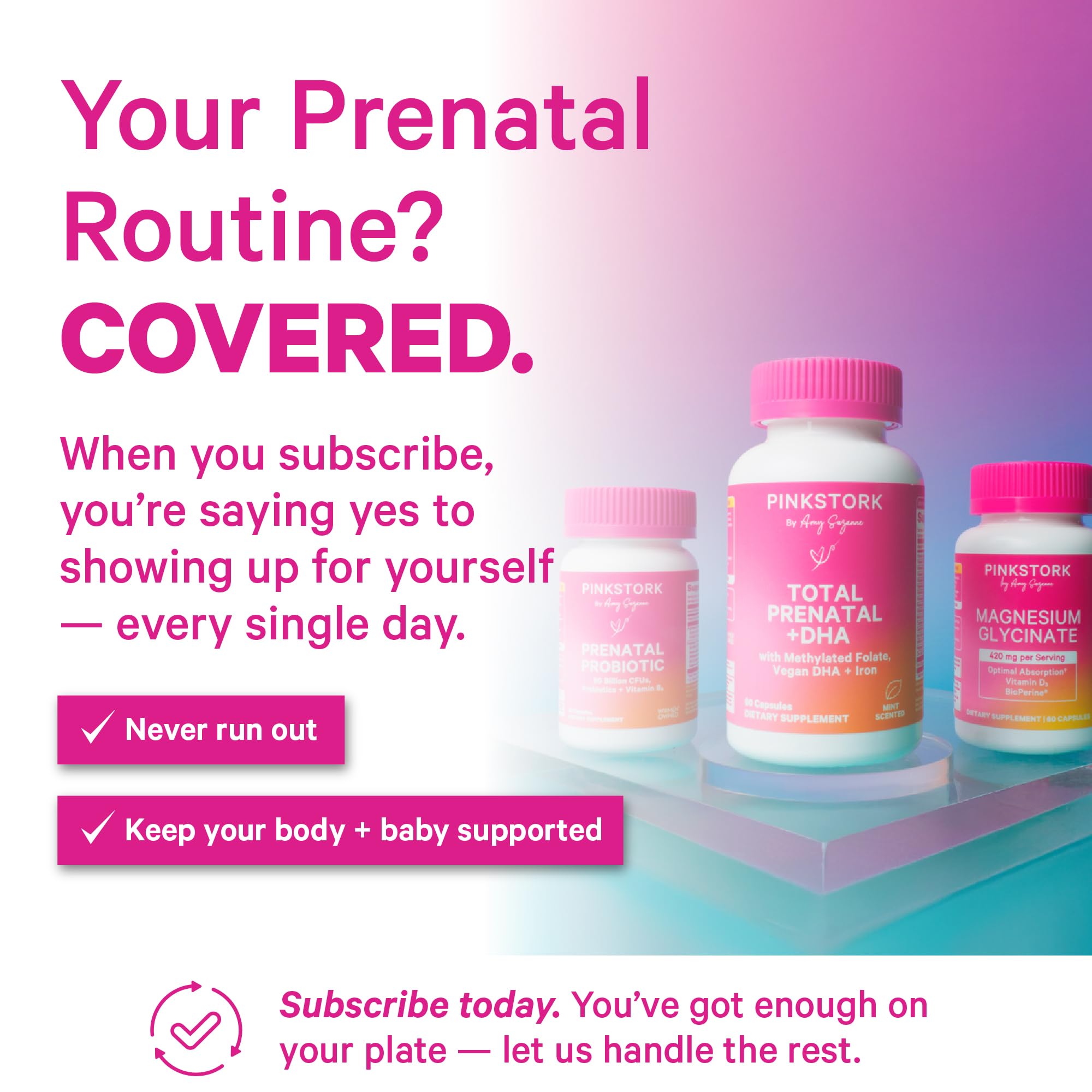 Pink Stork Total Prenatal DHA packaging box communicates a clean label.