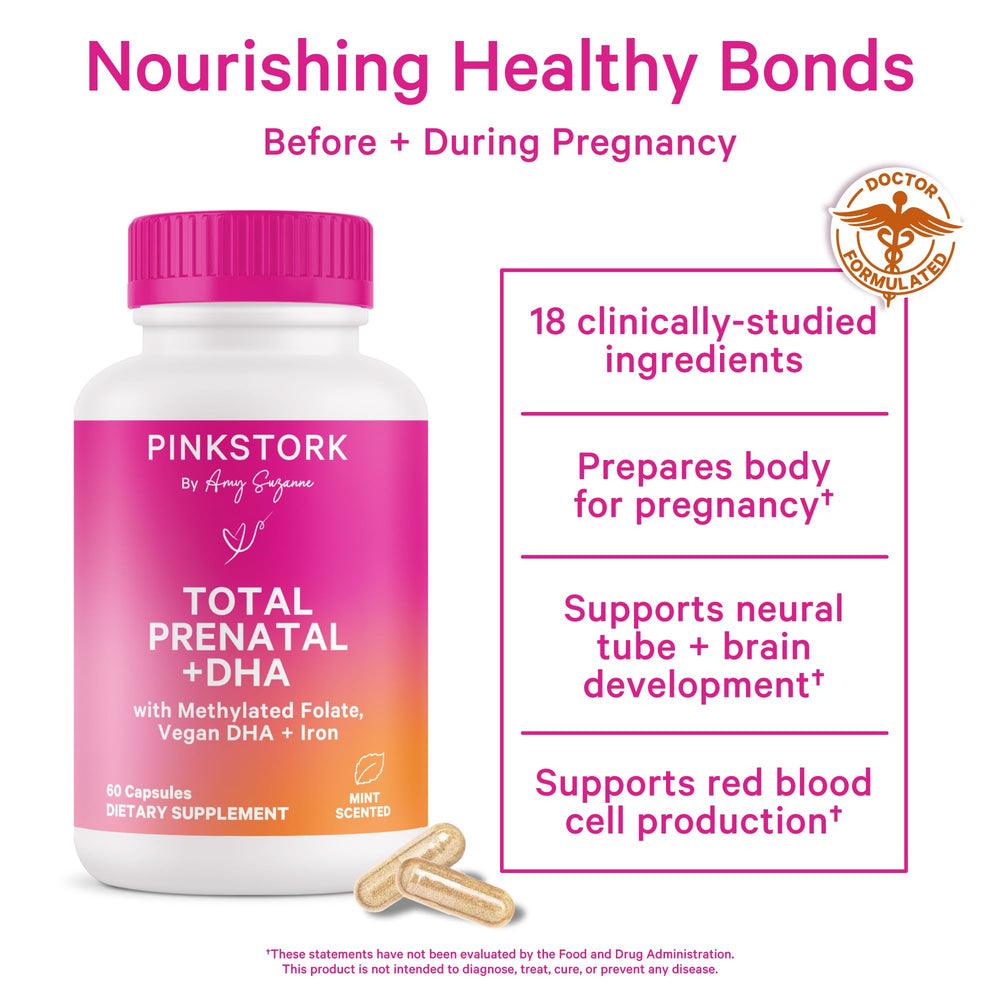Pink Stork Total Prenatal label and mint packaging highlights ScentCert flavor.