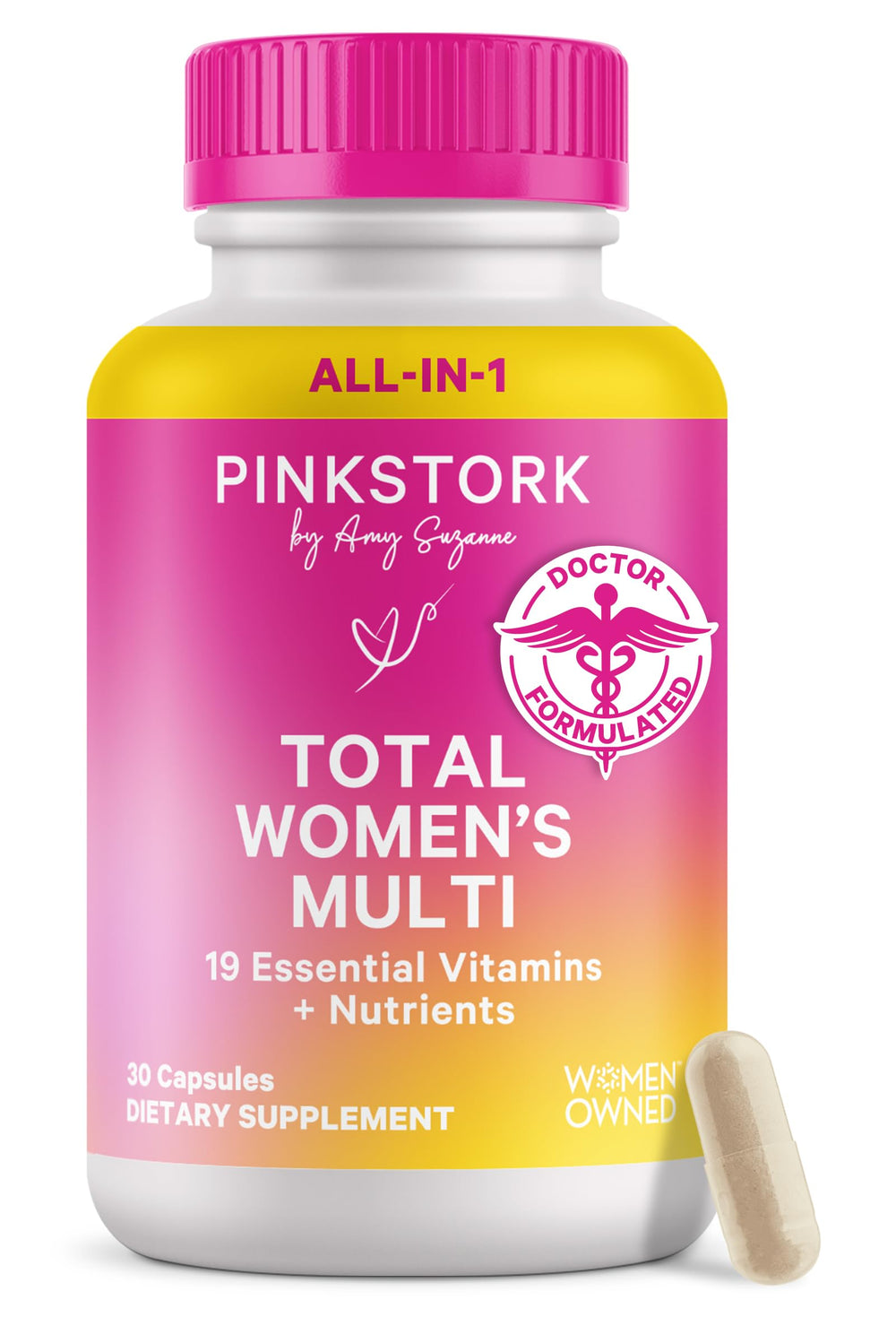 Pink Stork Total Women's Multivitamin bottle front view showing daily energy support