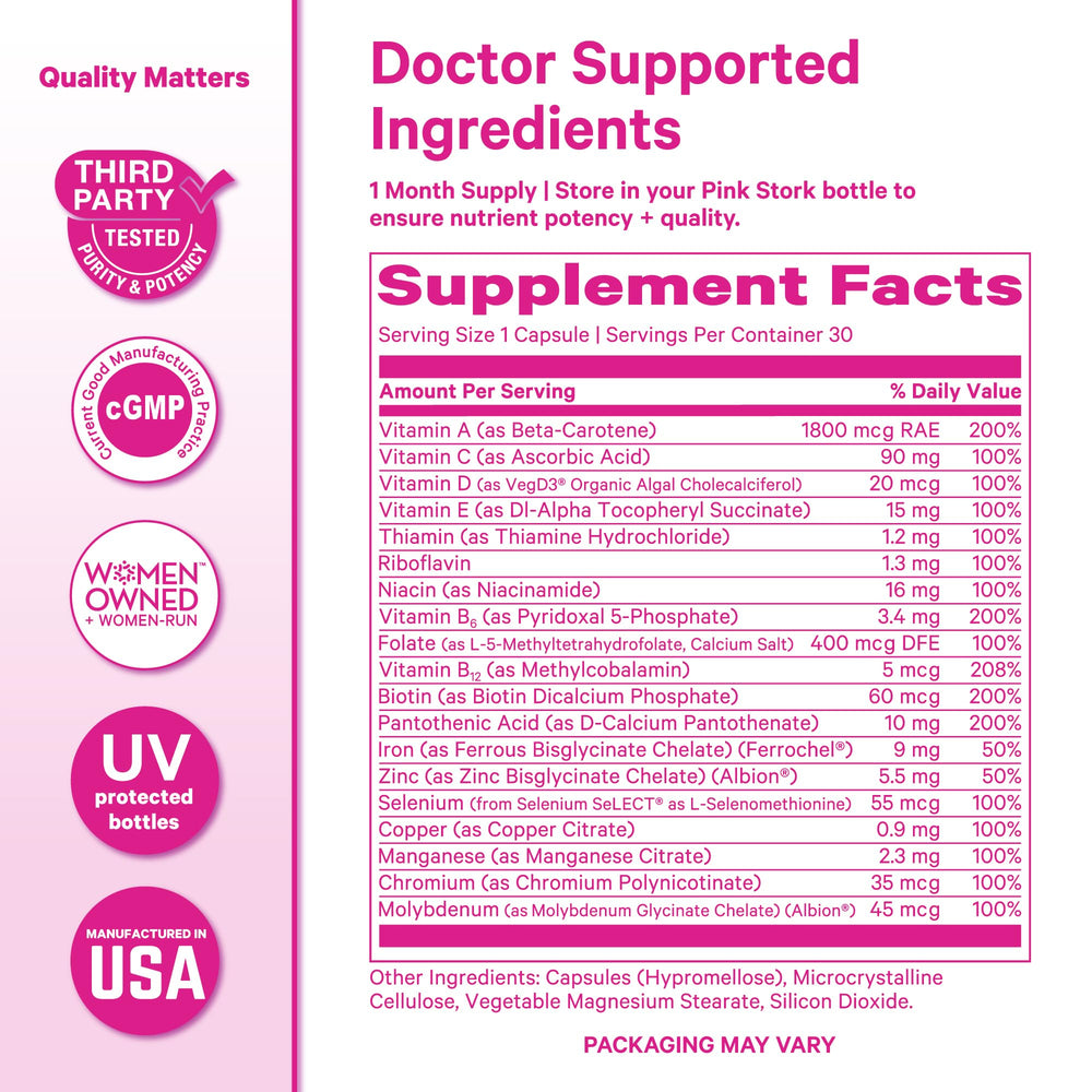 Pink Stork Total Women's Multivitamin label detail highlighting key vitamins