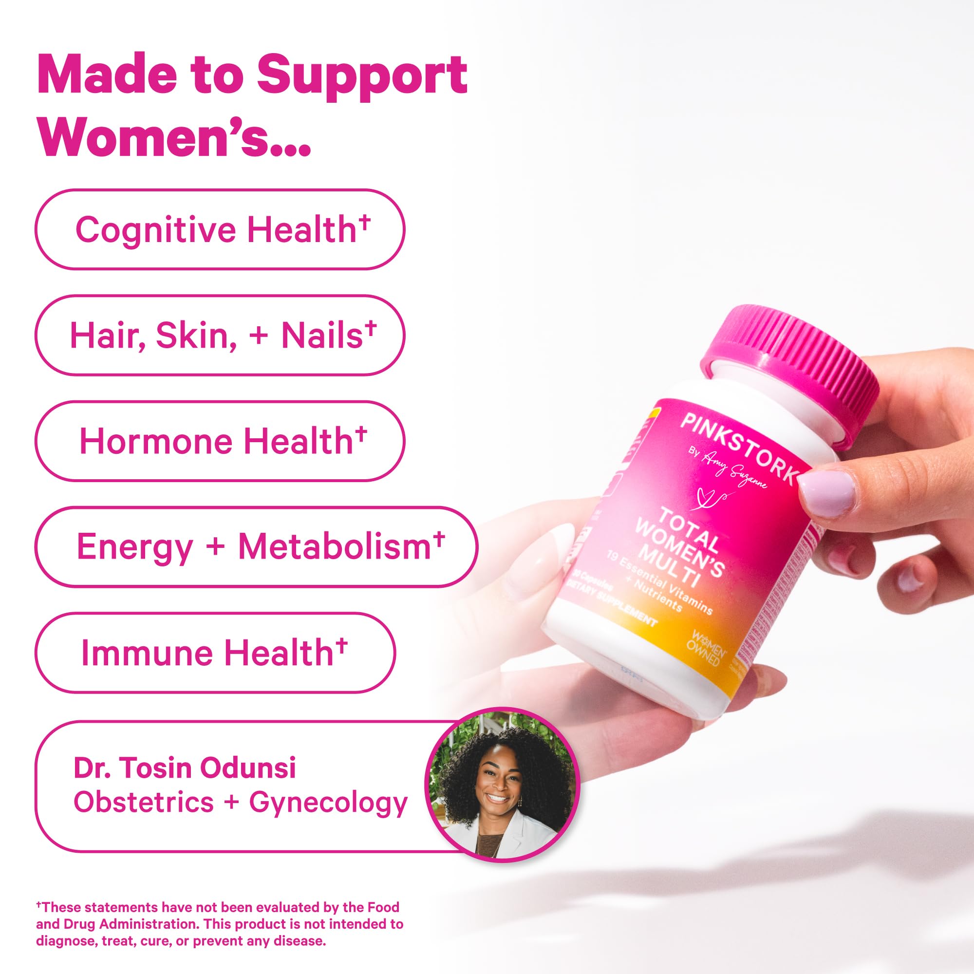 Pink Stork Total Women's Multivitamin lifestyle shot suggesting easy daily routine