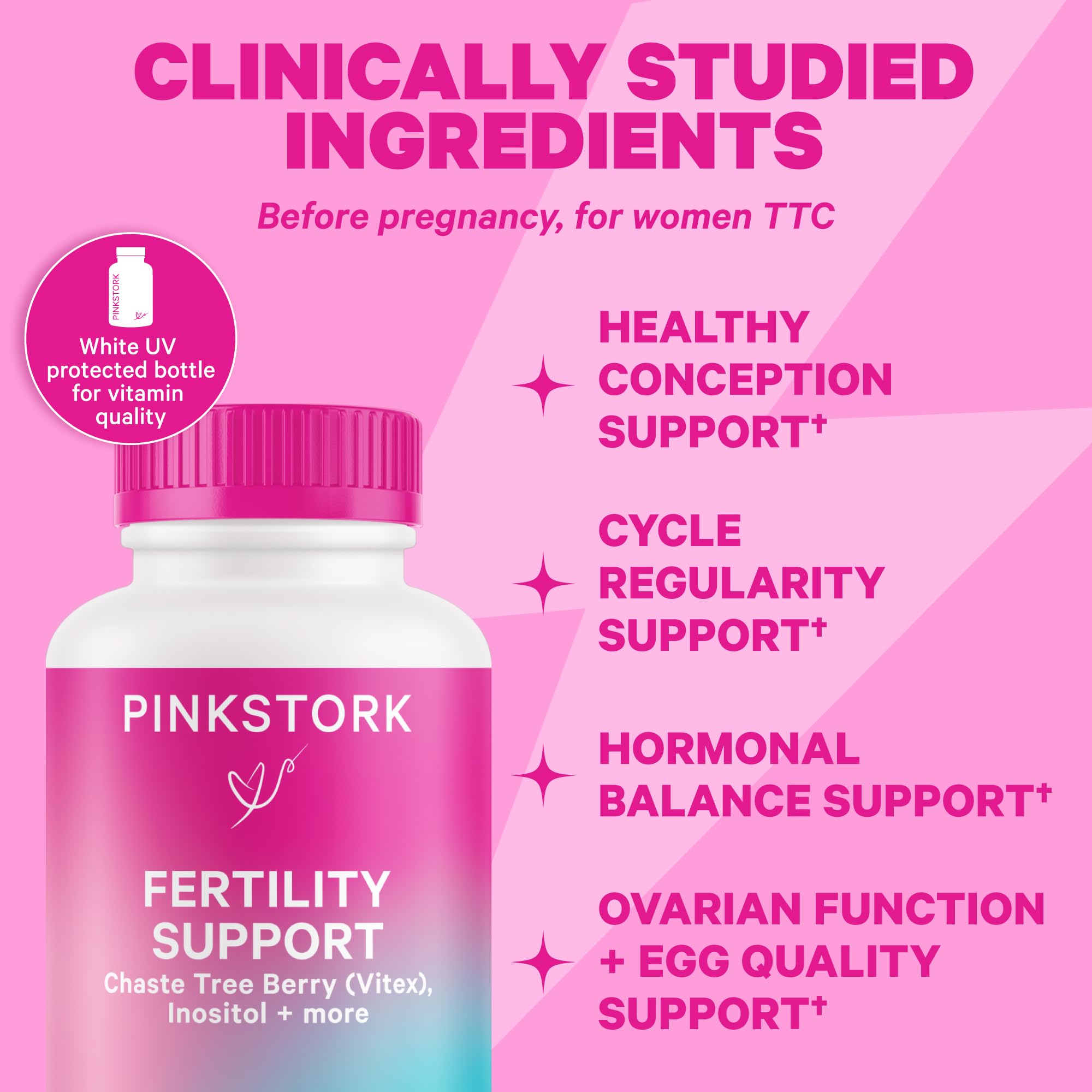 Pink Stork Vitex supplement bottle offering herbal balance support