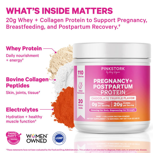 Pink Stork whey-collagen protein canister showcasing clean ingredients for prenatal and postpartum wellness.