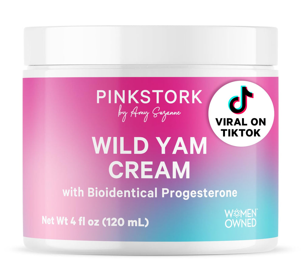 Pink Stork Wild Yam Cream bottle shown for topical hormone support