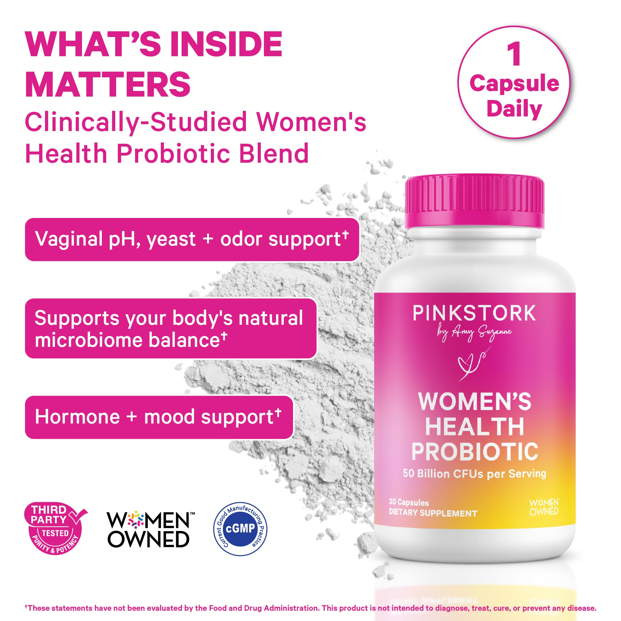 Pink Stork probiotic bottle pour showing convenient once-daily dosing for busy mornings