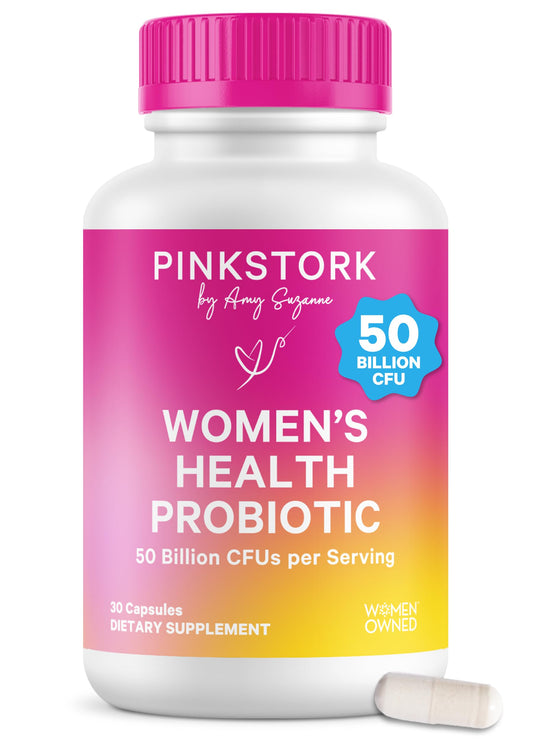 Pink Stork Women’s Probiotic bottle promoting daily gut balance and overall wellness