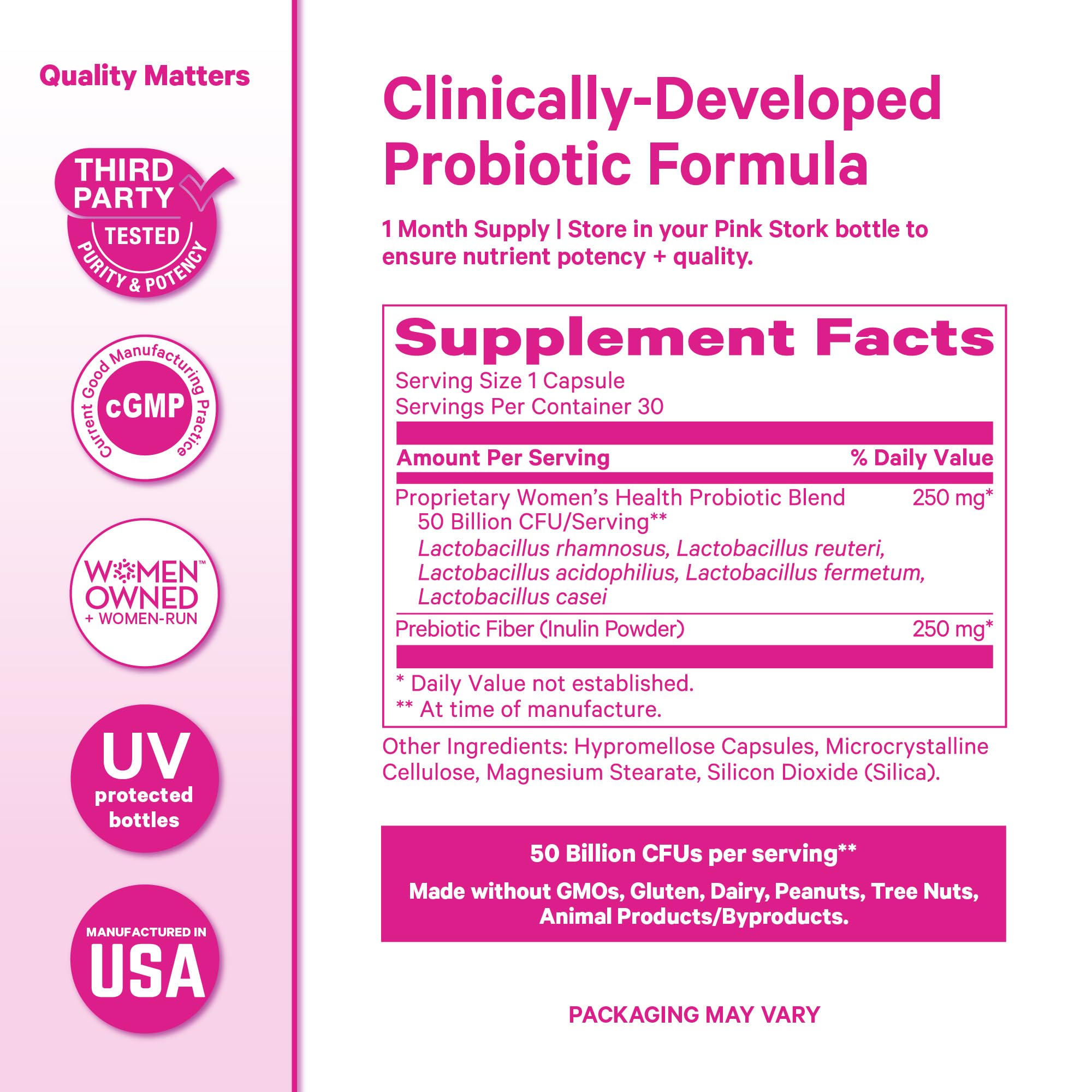 Pink Stork Probiotic vegan symbol indicating plant-based capsule option