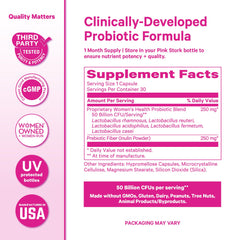 Pink Stork Probiotic vegan symbol indicating plant-based capsule option