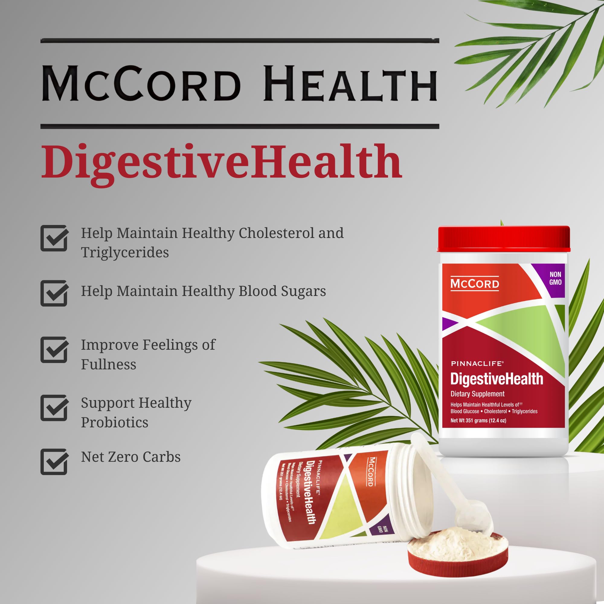 Pinnaclife DigestiveHealth canister being stirred into coffee or tea for easy daily fiber.