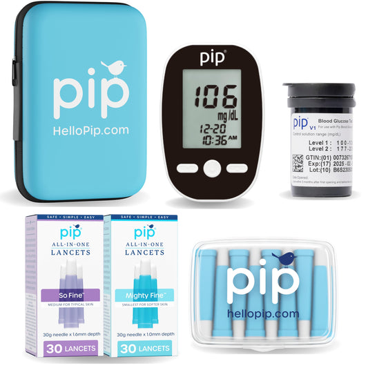 Pip blood glucose monitor kit with compact case for easy home or travel testing.