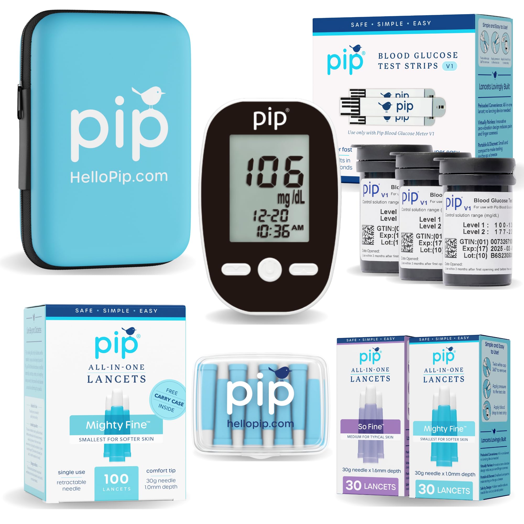 Pip precision glucometer shown for easy home testing.
