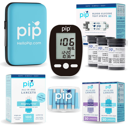 Pip precision glucometer shown for easy home testing.