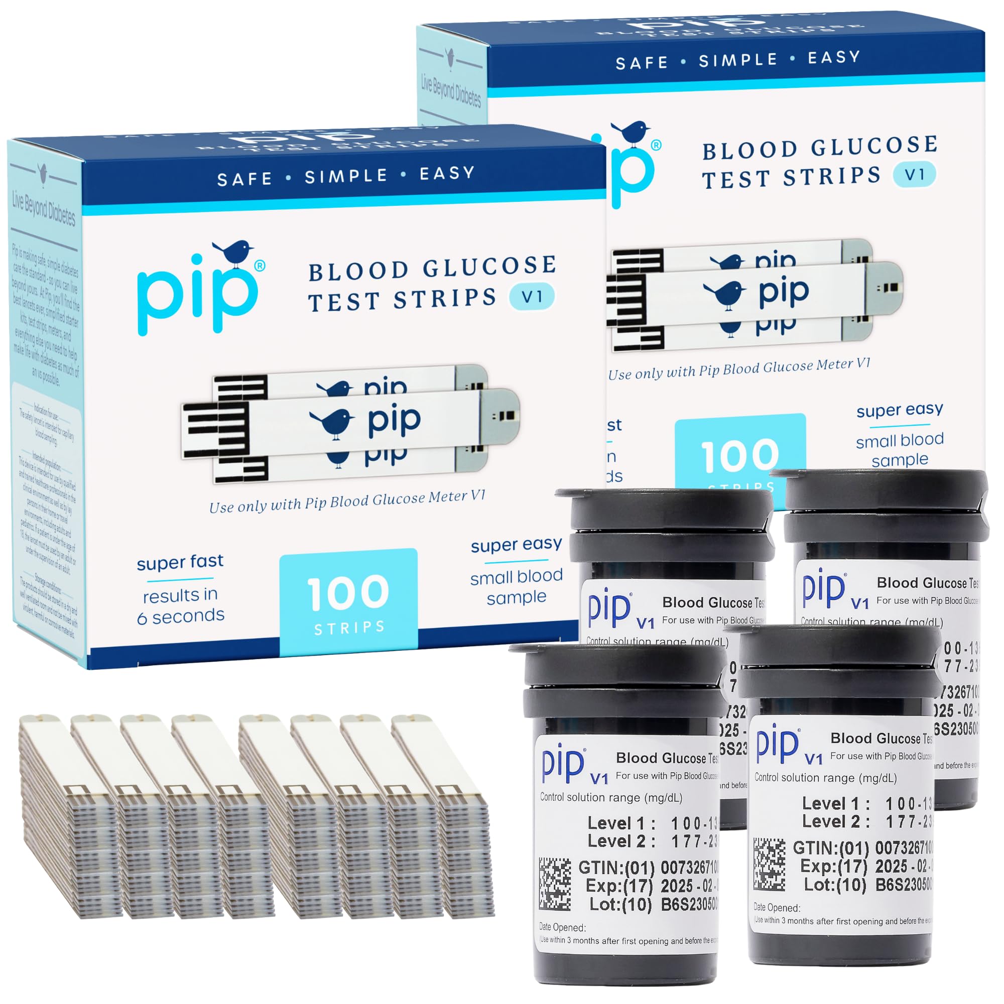 Pip V1 blood glucose test strip box with 200-count value for consistent home testing