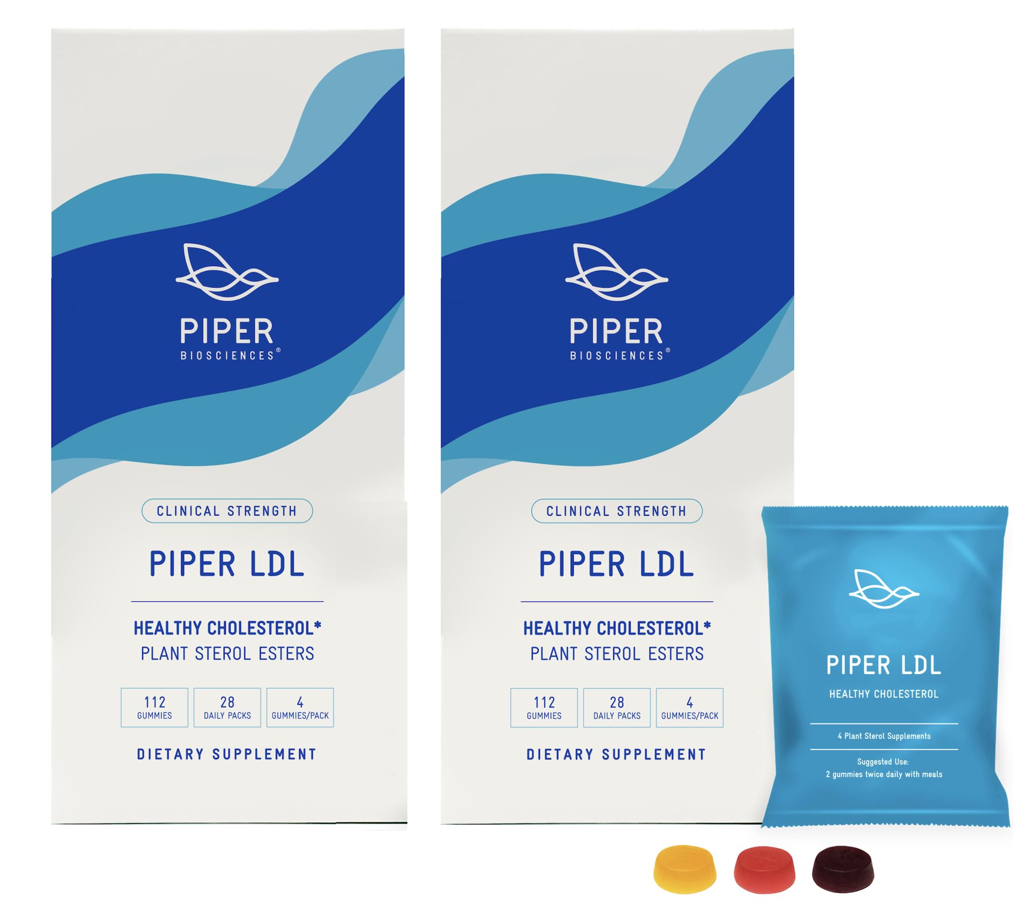 Piper Biosciences LDL Gummies in two-box packaging for home or travel.