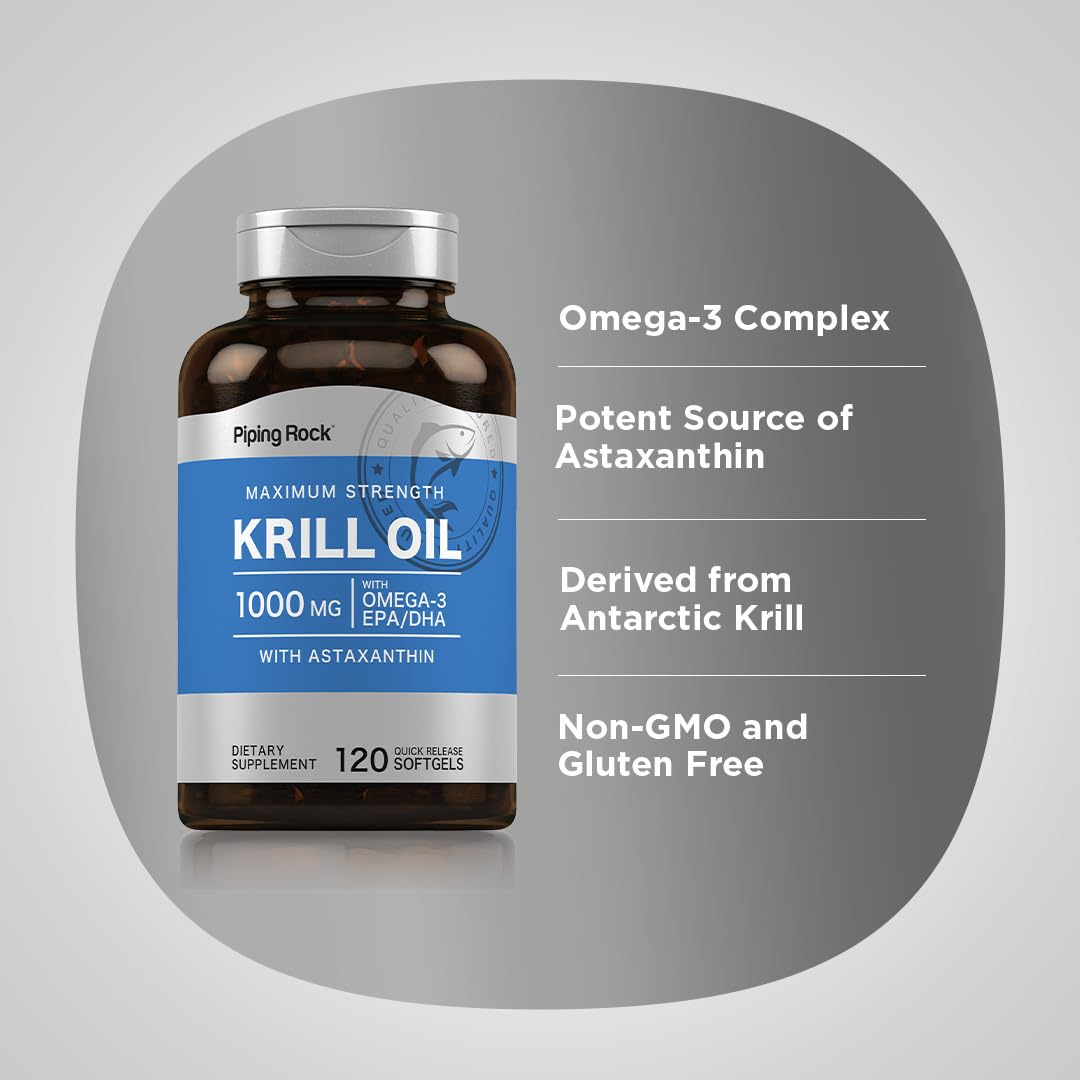 Piping Rock Astaxanthin krill oil bottle emphasizes natural antioxidant support.