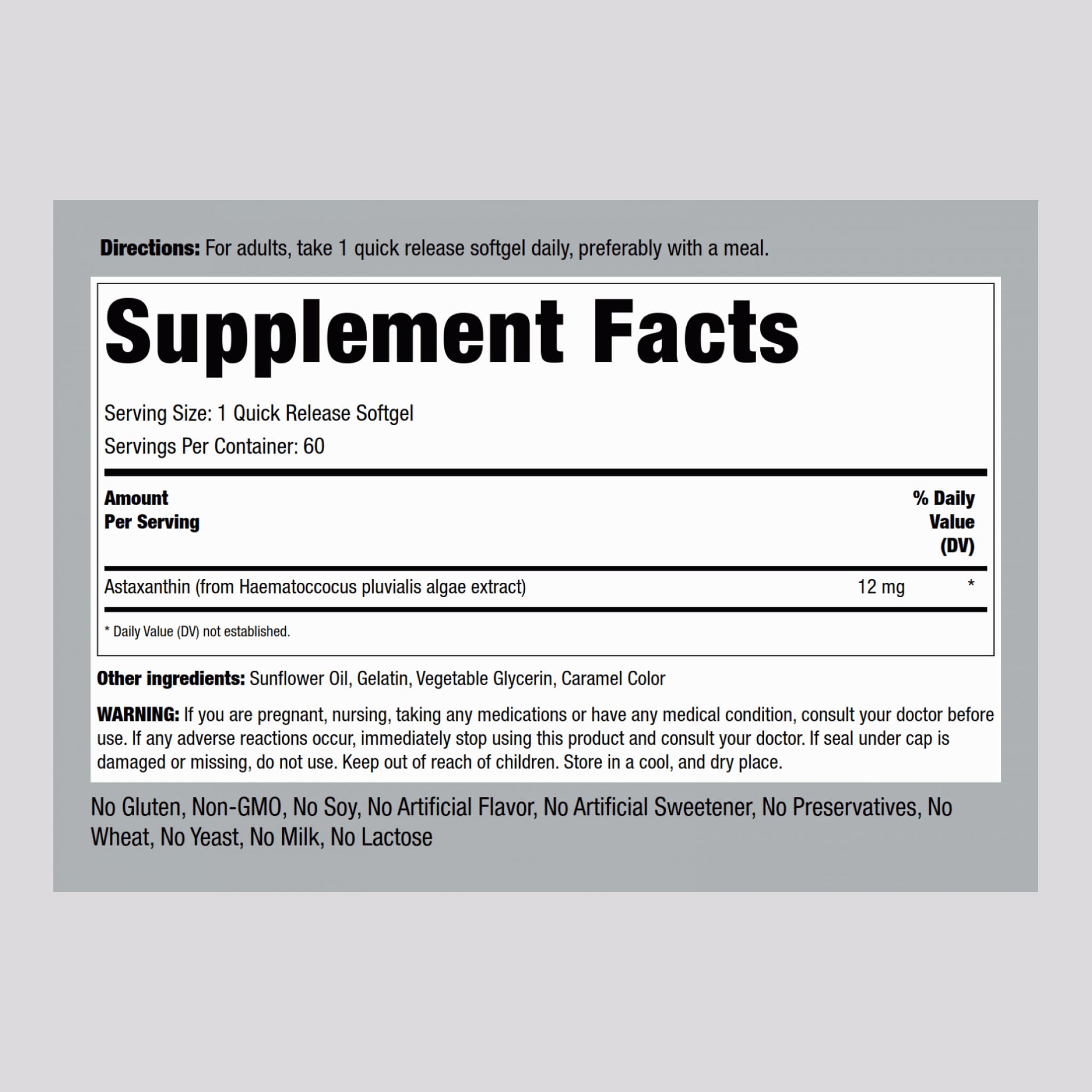 Piping Rock Astaxanthin softgels pour showing easy-to-swallow format.