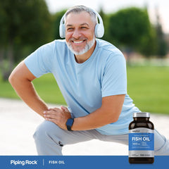 Piping Rock fish oil capsules beside a daily routine setup.