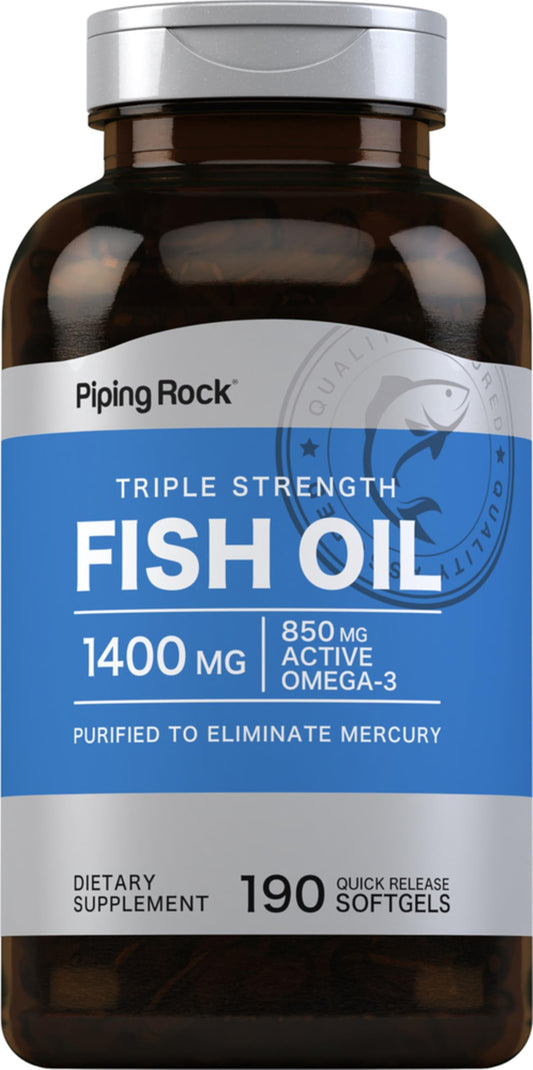 Piping Rock Fish Oil Omega-3 bottle displaying 1,400 mg per serving for daily support.