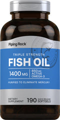 Piping Rock Fish Oil Omega-3 bottle displaying 1,400 mg per serving for daily support.
