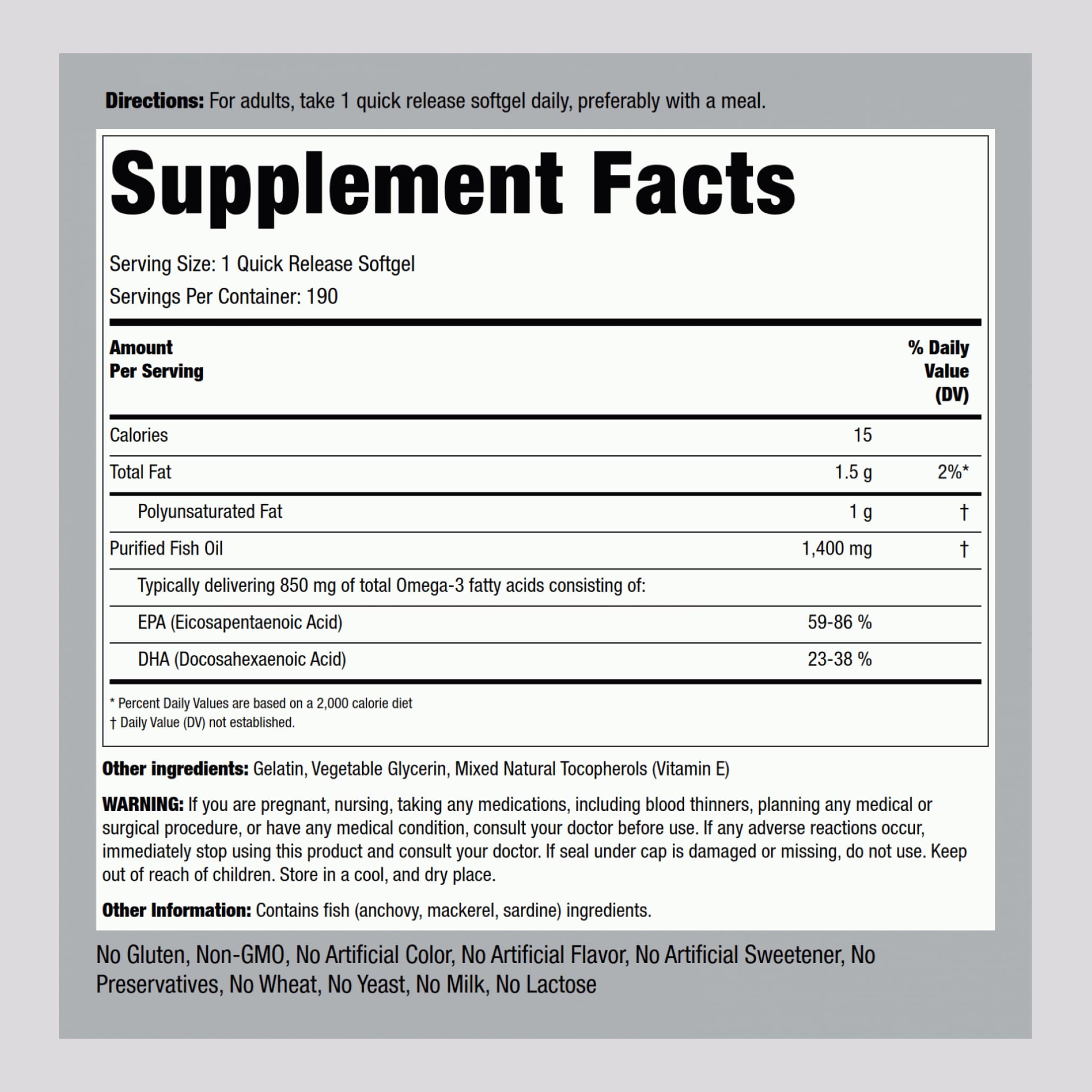 Piping Rock Omega-3 softgels close-up highlighting EPA and DHA.