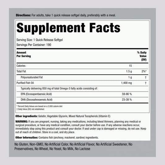 Piping Rock Omega-3 softgels close-up highlighting EPA and DHA.
