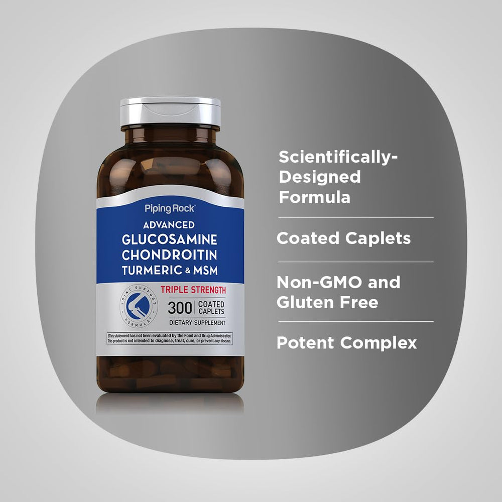 Piping Rock Glucosamine Chondroitin MSM Turmeric bottle on kitchen counter for daily routine.