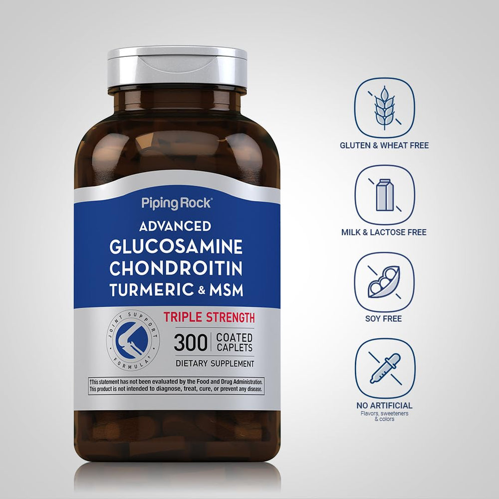 Piping Rock Glucosamine Chondroitin MSM Turmeric label view shows non-GMO and gluten-free seals.
