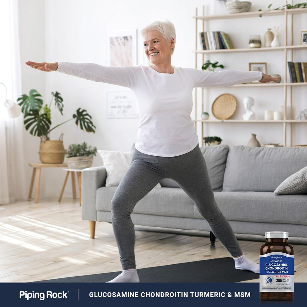 Piping Rock Glucosamine Chondroitin MSM Turmeric tablet and bottle for joint health support.