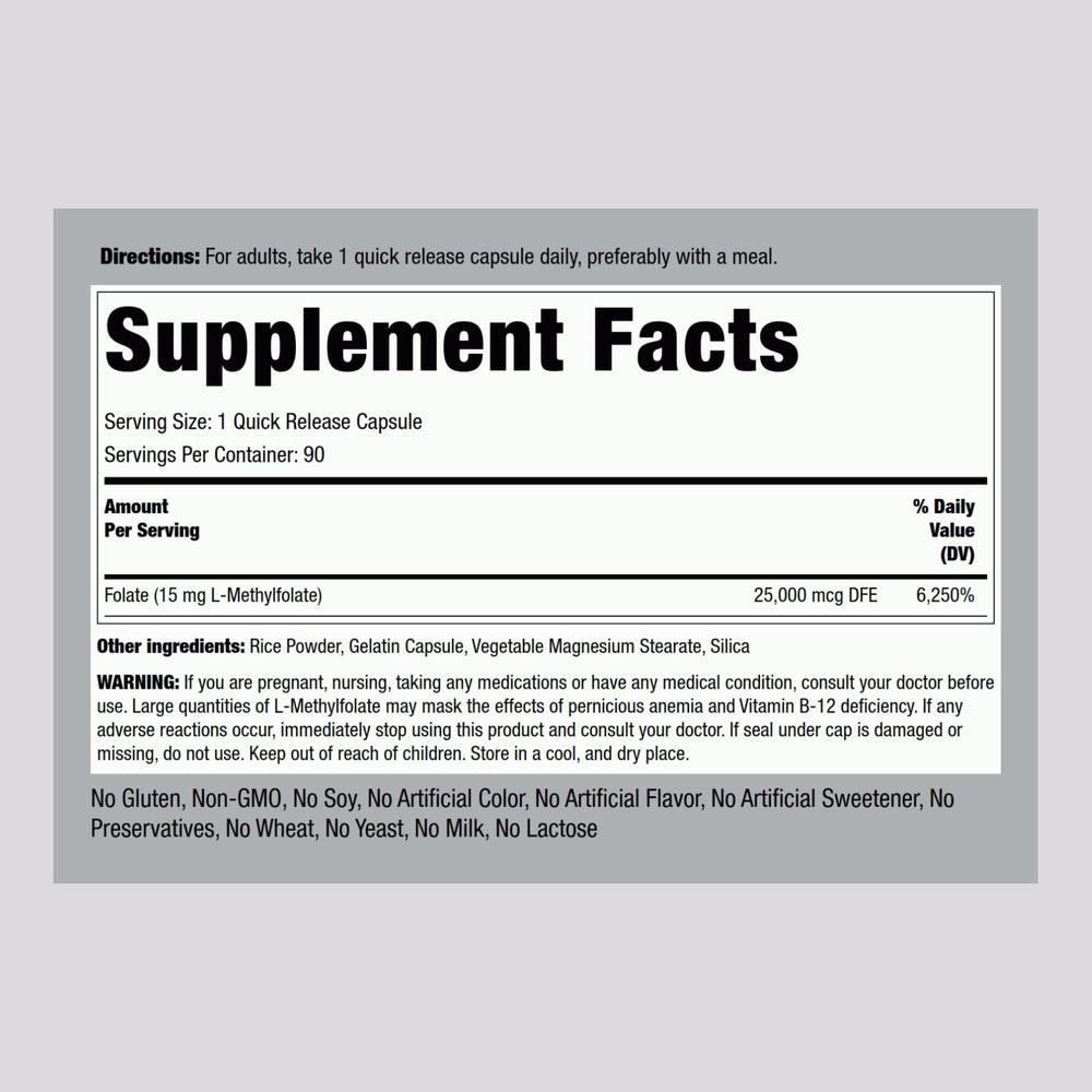 Piping Rock L-Methylfolate 15 mg bottle back shows dosage and ingredients.