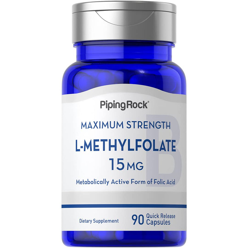 Piping Rock L-Methylfolate 15 mg capsule bottle front view for daily supplement.
