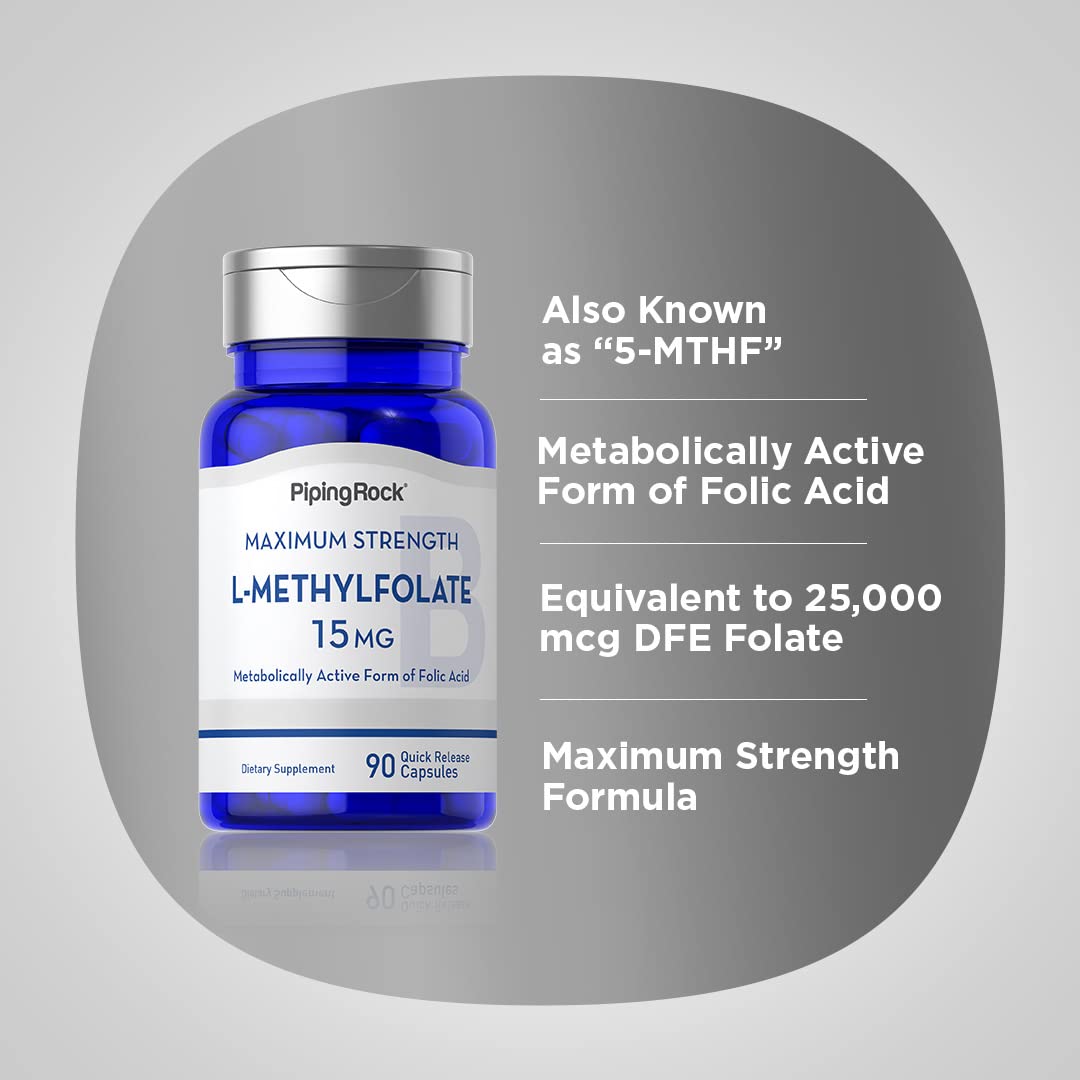 Piping Rock L-Methylfolate 15 mg packaging with gluten-free and non-GMO badges.