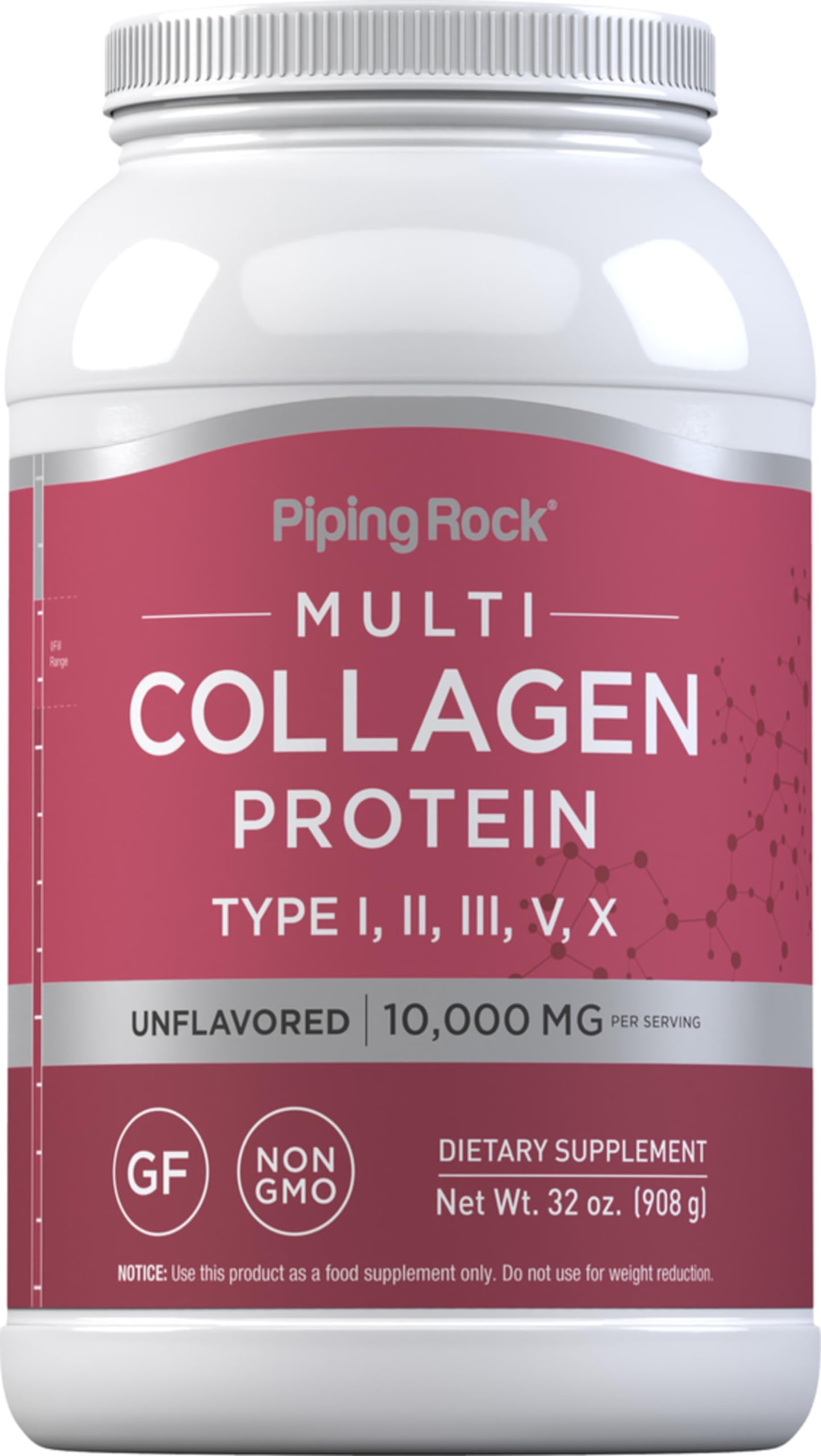 Piping Rock Multi Collagen Powder 32oz jar, unflavored and versatile.
