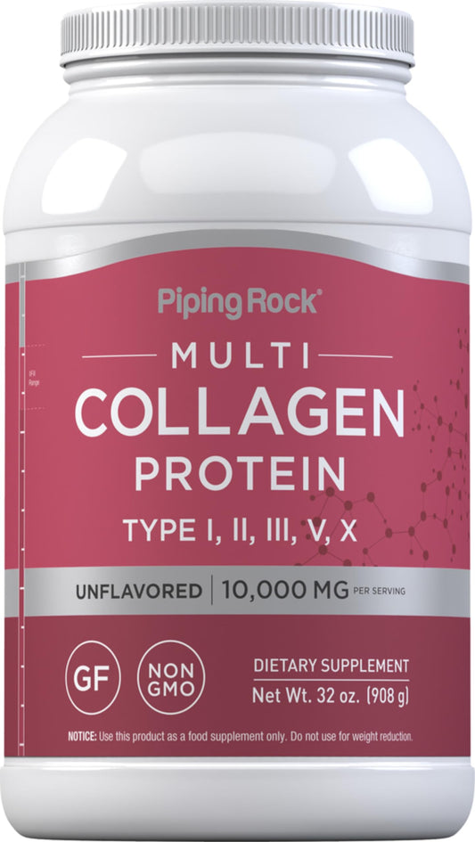 Piping Rock Multi Collagen Powder 32oz jar, unflavored and versatile.