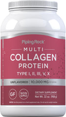 Piping Rock Multi Collagen Powder 32oz jar, unflavored and versatile.