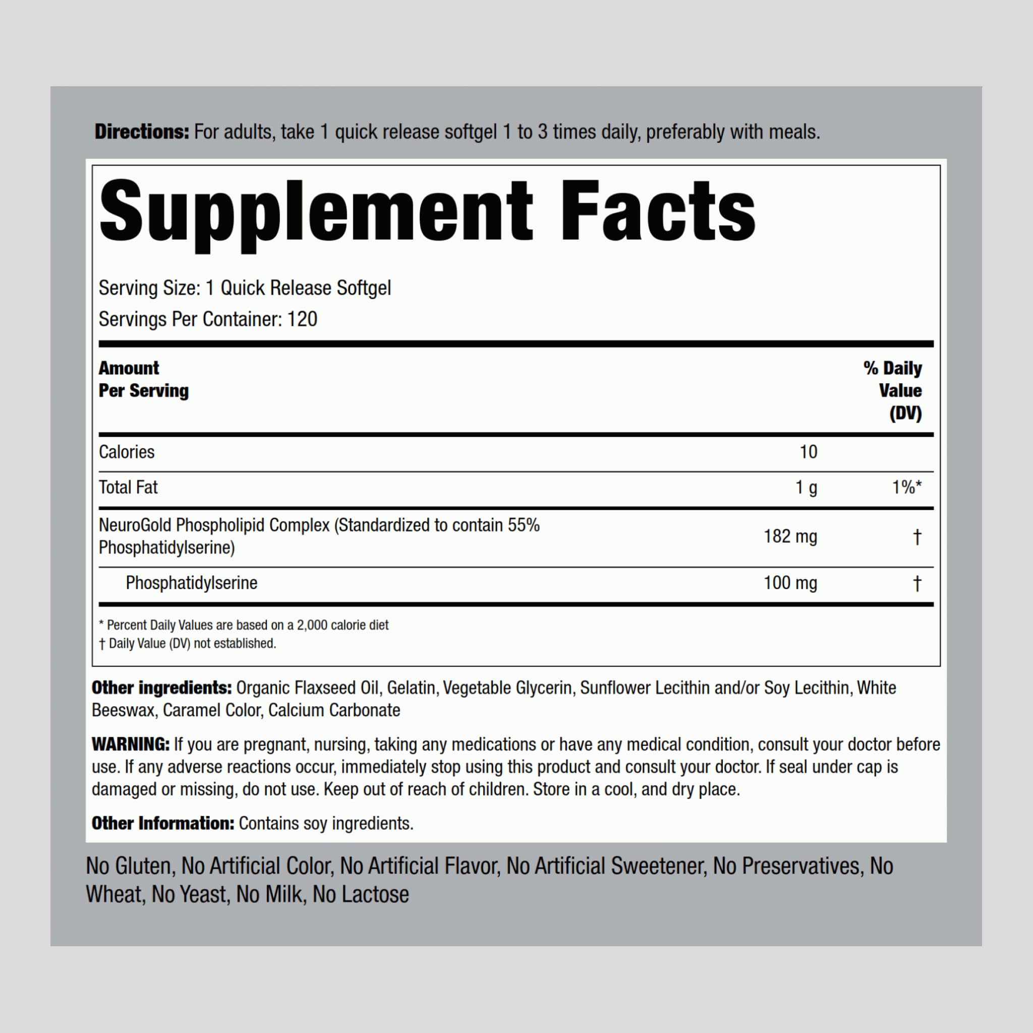 Piping Rock NeuroGold PS complex illustration highlights standardized 55% phosphatidylserine potency.