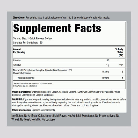 Piping Rock NeuroGold PS complex illustration highlights standardized 55% phosphatidylserine potency.