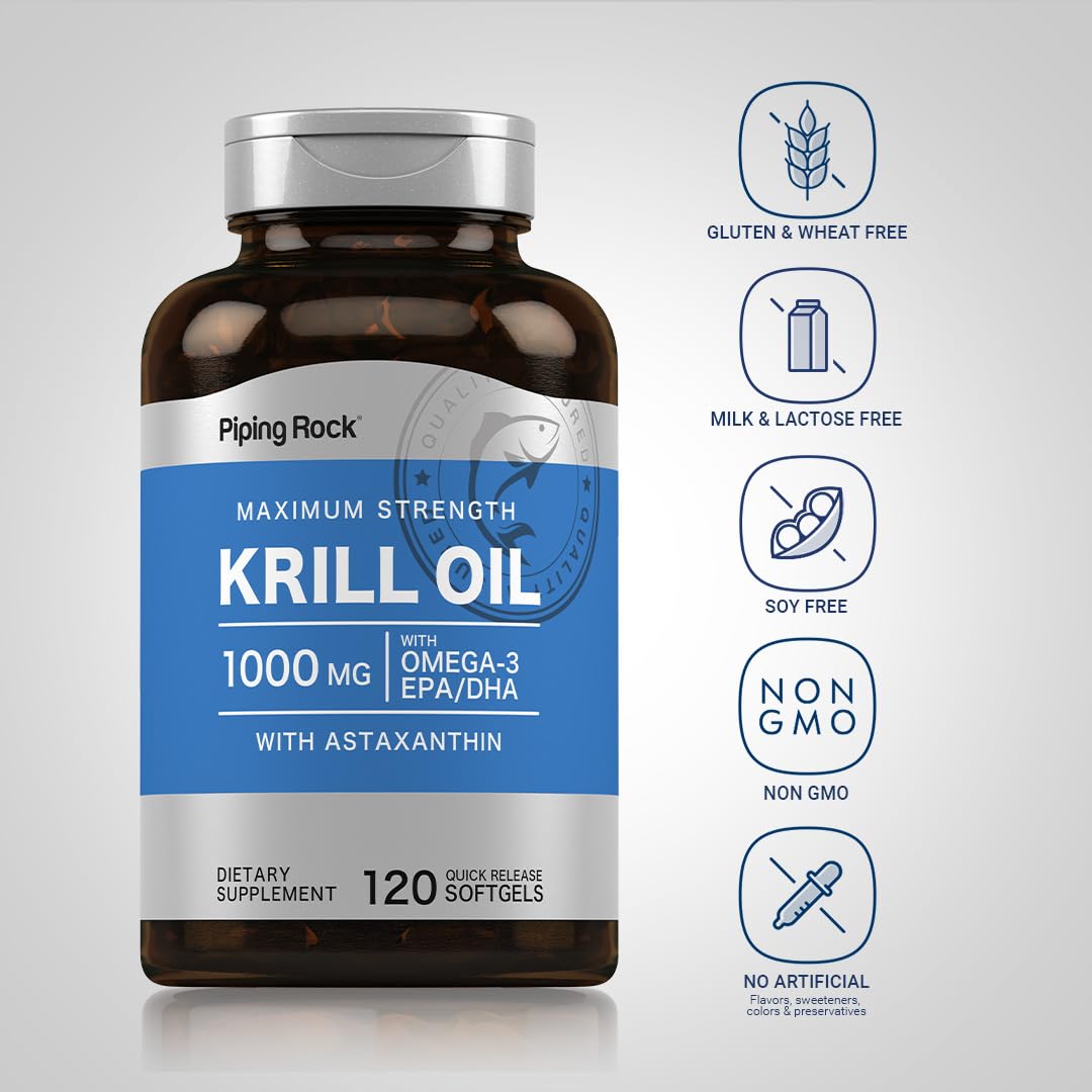 Piping Rock Omega-3 EPA DHA softgels highlighting essential fatty acids.