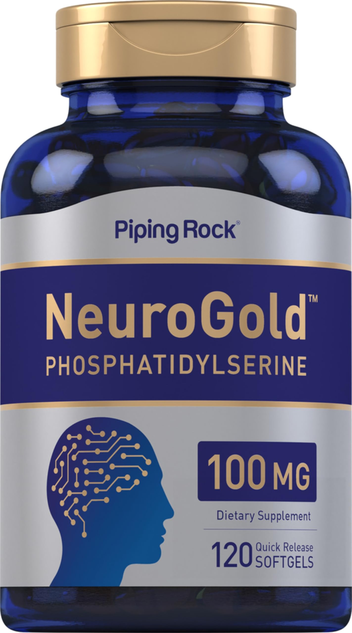 Piping Rock Phosphatidylserine softgels bottle with 120 quick-release capsules for daily support.