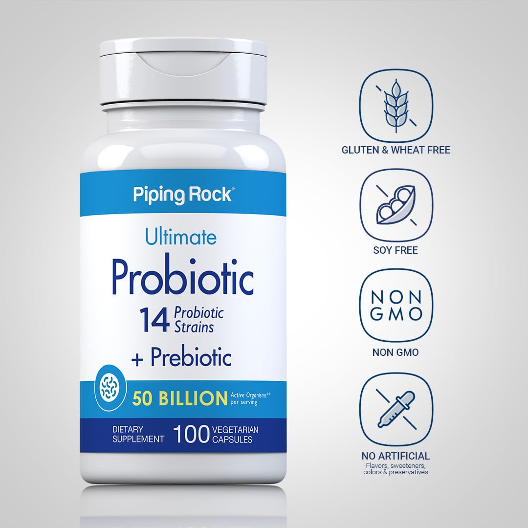 Piping Rock probiotic bottle label 50 billion CFU communicates potency for daily support.