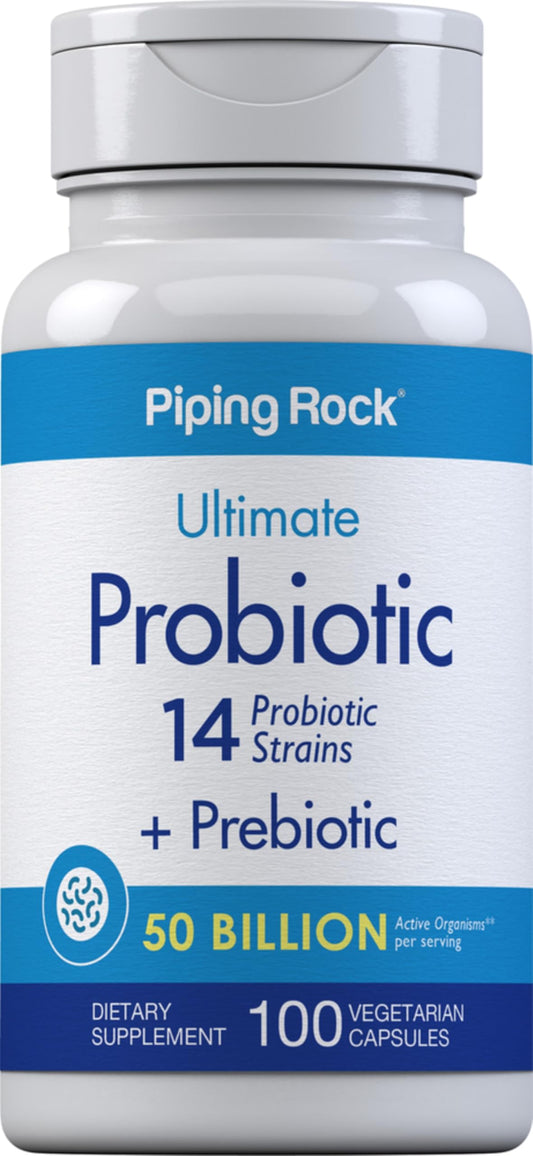 Piping Rock probiotic bottle packaging on a clean surface, ready for daily use.