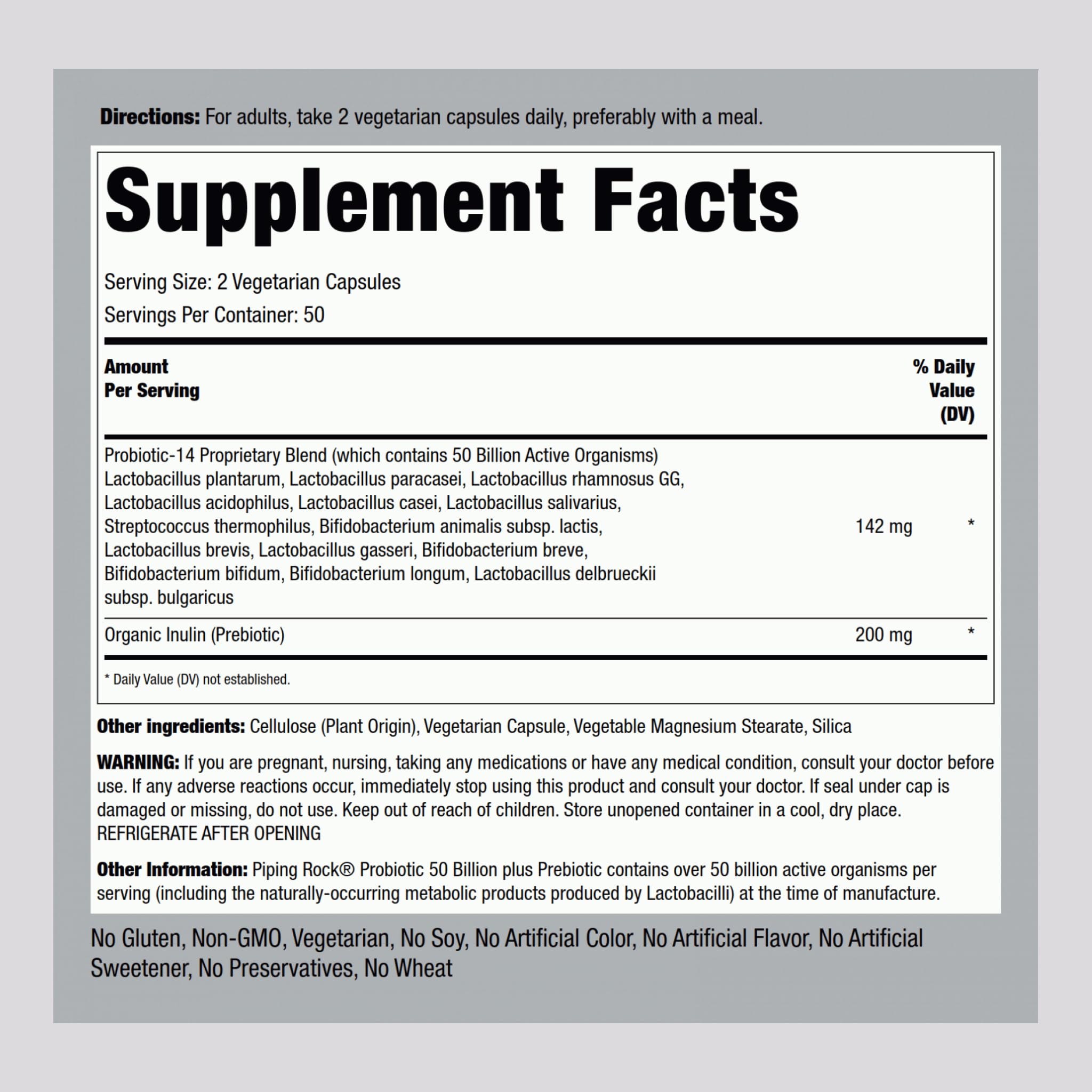 Piping Rock probiotic capsules closeup showing smooth capsules and clear labels.