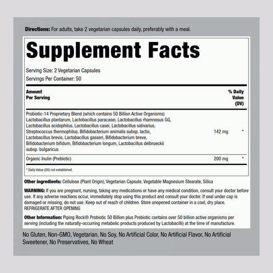 Piping Rock probiotic capsules closeup showing smooth capsules and clear labels.