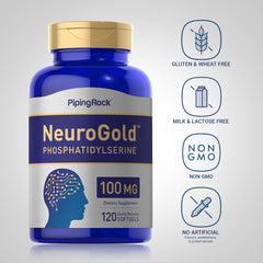 Piping Rock phosphatidylserine bottle label closeup communicates non-GMO and gluten-free features.